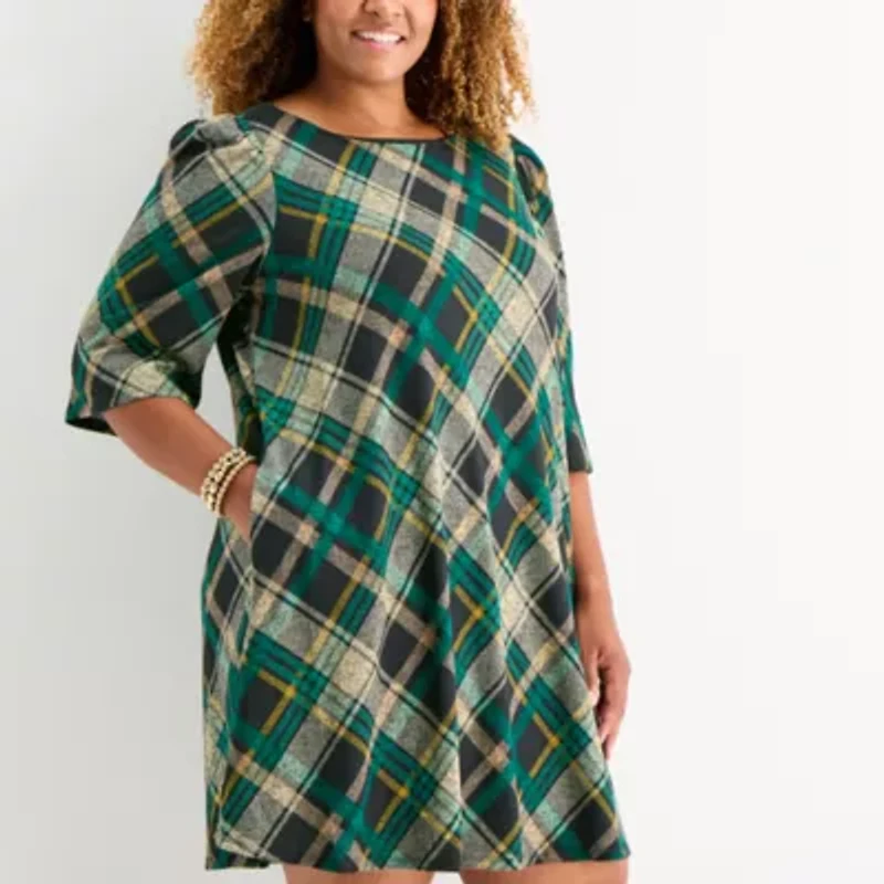 Jessica Howard Womens 3/4 Sleeve Plaid Plus Shift Dress