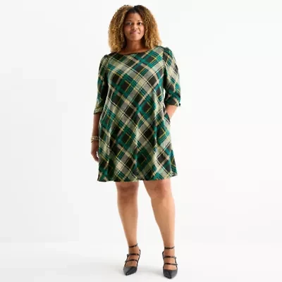 Jessica Howard Womens 3/4 Sleeve Plaid Plus Shift Dress