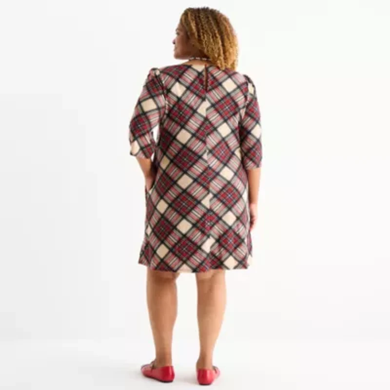 Jessica Howard Womens Plus 3/4 Sleeve Plaid Shift Dress