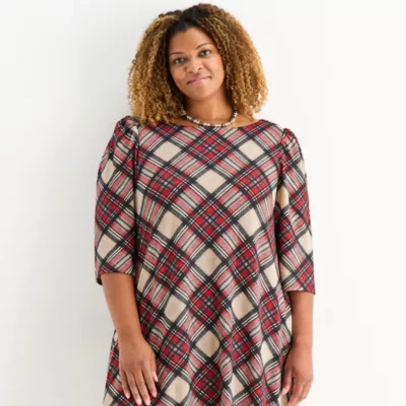 Jessica Howard Womens Plus 3/4 Sleeve Plaid Shift Dress