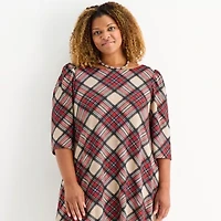Jessica Howard Womens Plus 3/4 Sleeve Plaid Shift Dress