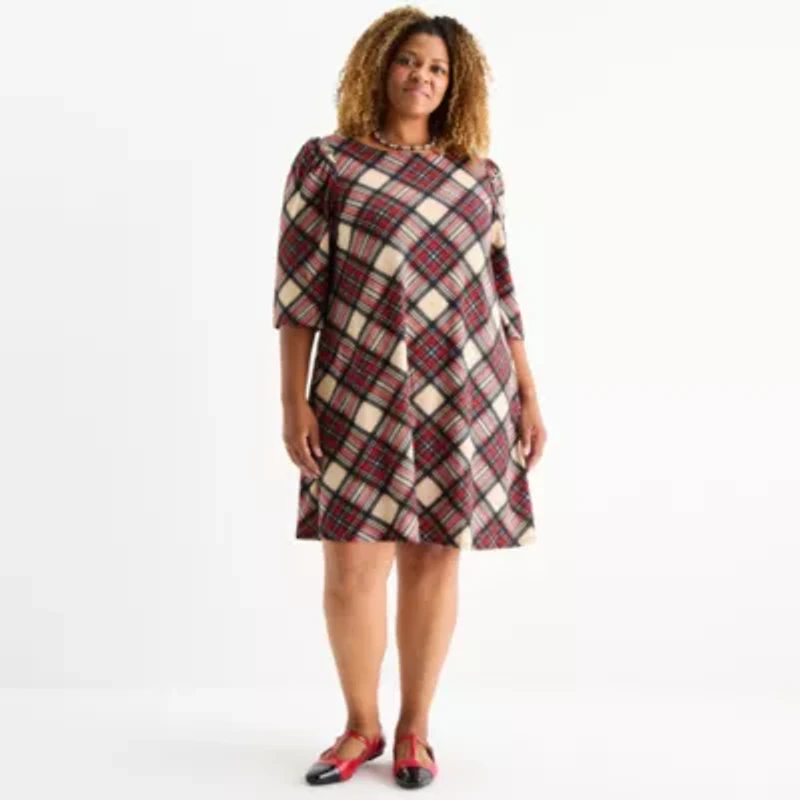 Jessica Howard Womens Plus 3/4 Sleeve Plaid Shift Dress