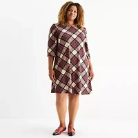 Jessica Howard Womens Plus 3/4 Sleeve Plaid Shift Dress