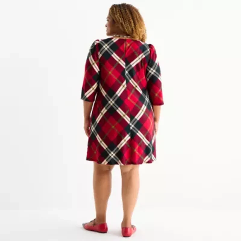 Jessica Howard Womens Plus 3/4 Sleeve Plaid Shift Dress