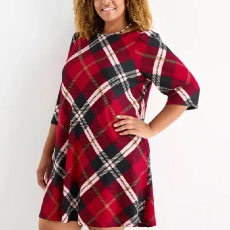 Jessica Howard Womens Plus 3/4 Sleeve Plaid Shift Dress