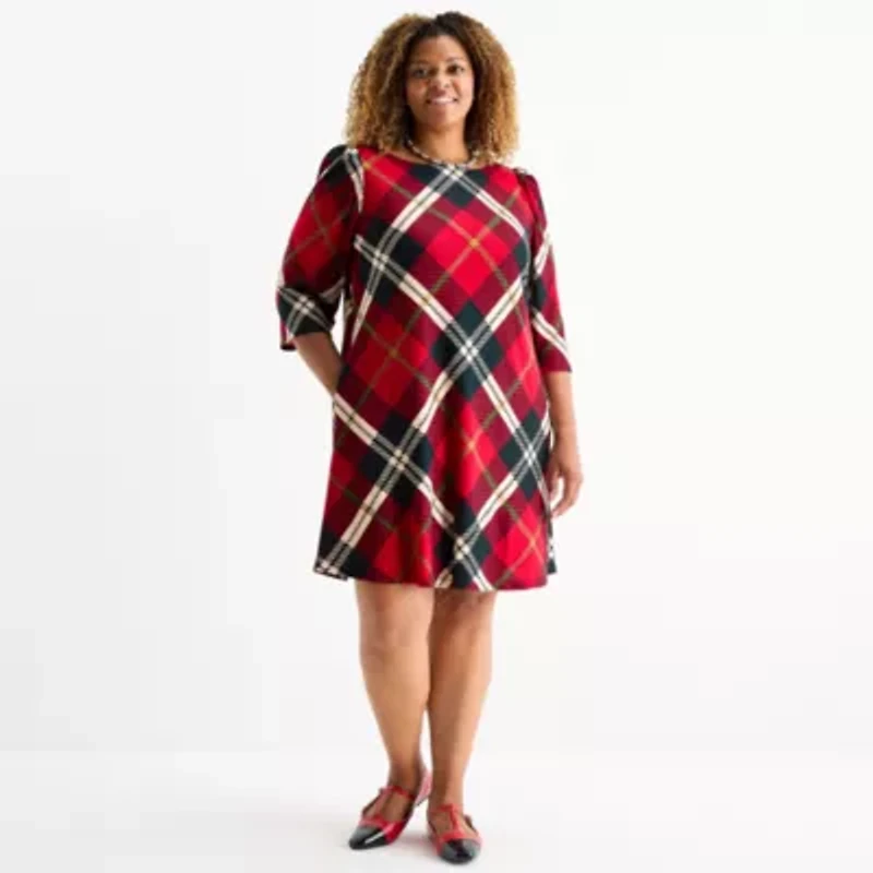 Jessica Howard Womens Plus 3/4 Sleeve Plaid Shift Dress