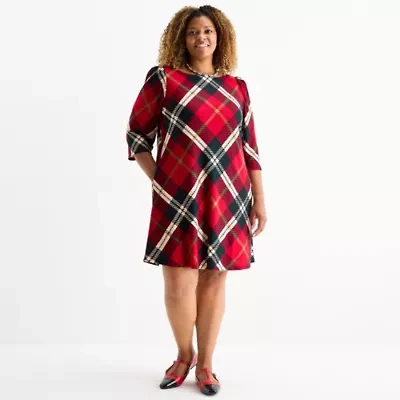 Jessica Howard Womens Plus 3/4 Sleeve Plaid Shift Dress