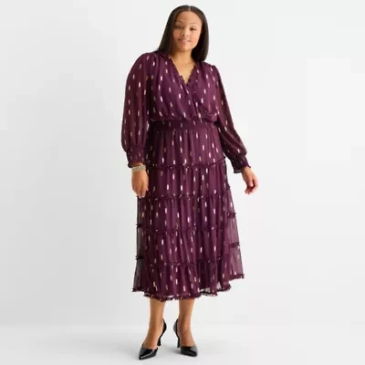 Sam And Jess Womens Long Sleeve Plus Fit + Flare Dress