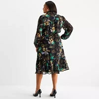 52seven Womens 3/4 Sleeve Midi Floral Plus Shift Dress