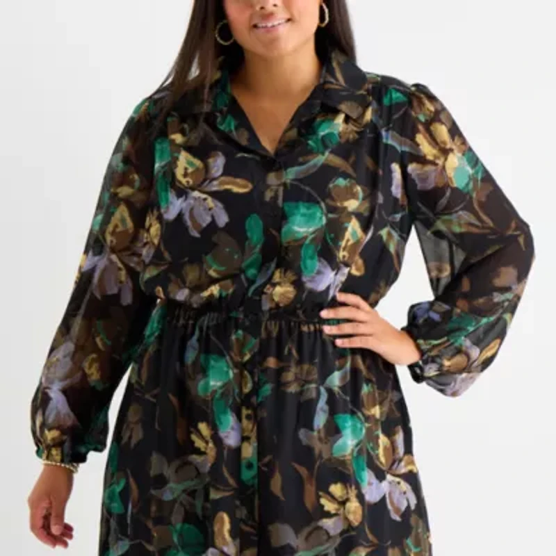 52seven Womens 3/4 Sleeve Midi Floral Plus Shift Dress