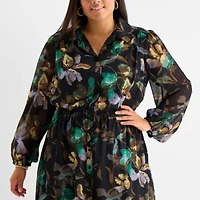52seven Womens 3/4 Sleeve Midi Floral Plus Shift Dress