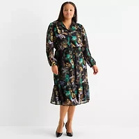 52seven Womens 3/4 Sleeve Midi Floral Plus Shift Dress