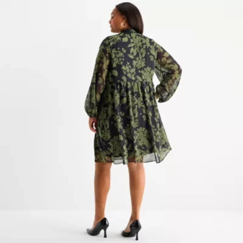 52seven Womens Long Sleeve Floral Plus Fit + Flare Dress