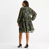 52seven Womens Long Sleeve Floral Plus Fit + Flare Dress