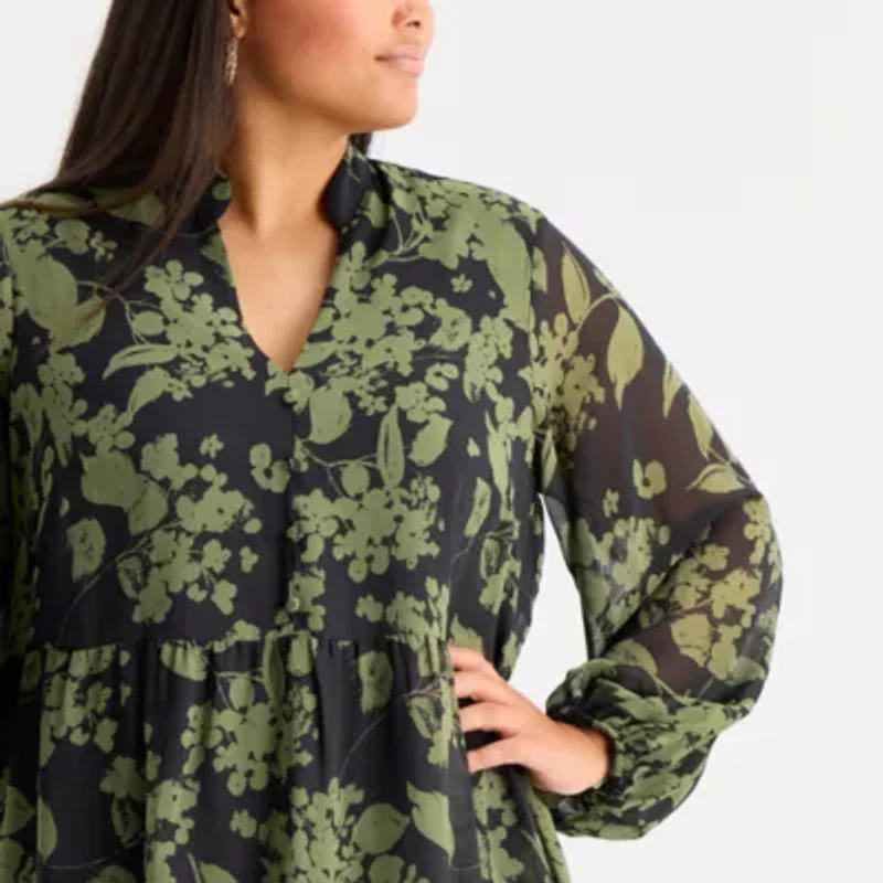 52seven Womens Long Sleeve Floral Plus Fit + Flare Dress