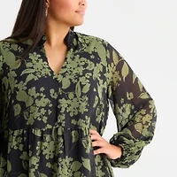 52seven Womens Long Sleeve Floral Plus Fit + Flare Dress