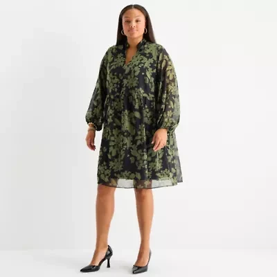 52seven Womens Long Sleeve Floral Plus Fit + Flare Dress