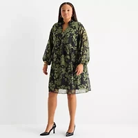 52seven Womens Long Sleeve Floral Plus Fit + Flare Dress