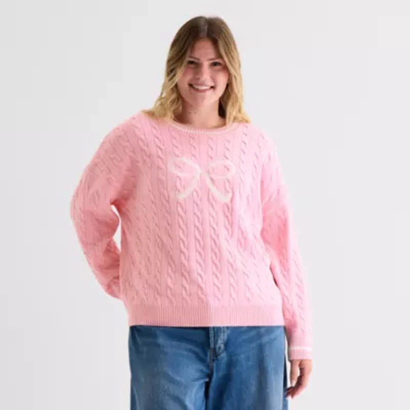 Forever 21 Juniors Womens Crew Neck Embellished Long Sleeve Cable Knit Pullover Sweater