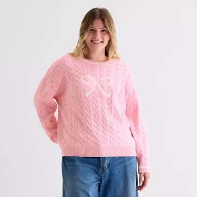 Forever 21 Juniors Womens Crew Neck Embellished Long Sleeve Cable Knit Pullover Sweater