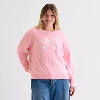 Forever 21 Juniors Womens Crew Neck Embellished Long Sleeve Cable Knit Pullover Sweater