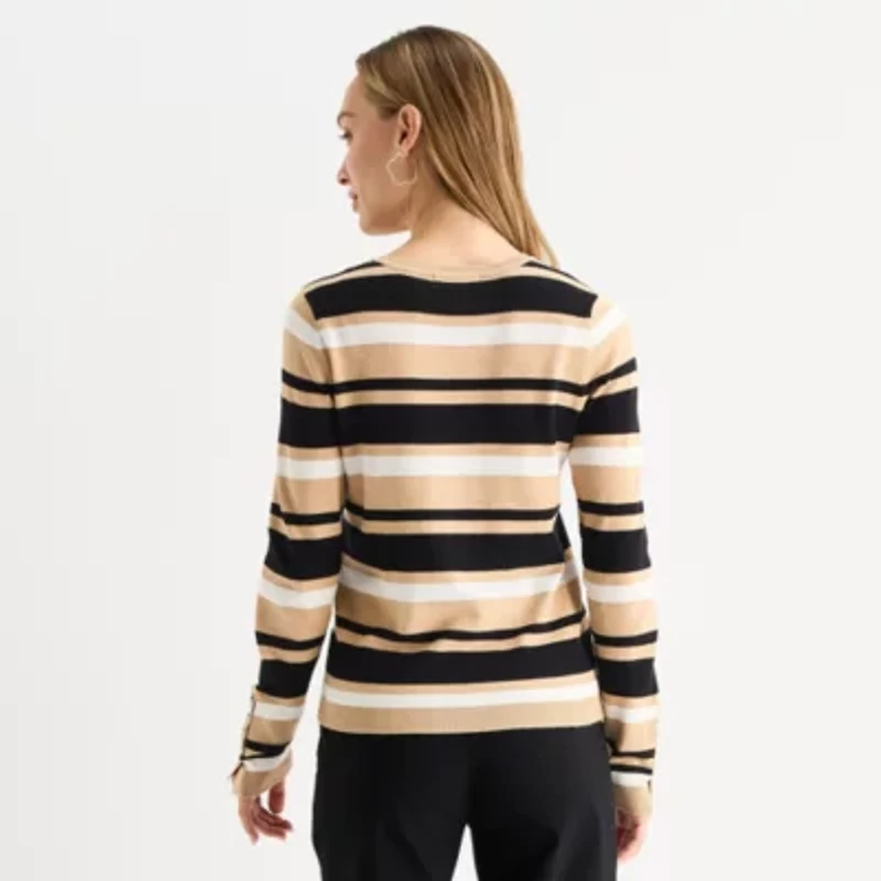 Liz Claiborne Womens Round Neck Long Sleeve Striped Pullover Sweater