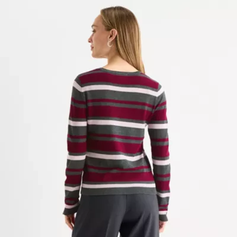 Liz Claiborne Womens Round Neck Long Sleeve Striped Pullover Sweater