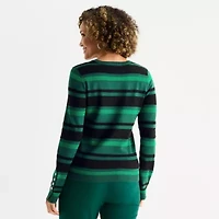 Liz Claiborne Womens Round Neck Long Sleeve Striped Pullover Sweater