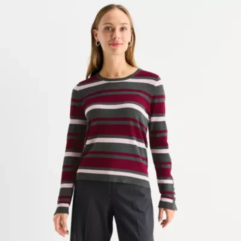 Liz Claiborne Womens Round Neck Long Sleeve Striped Pullover Sweater