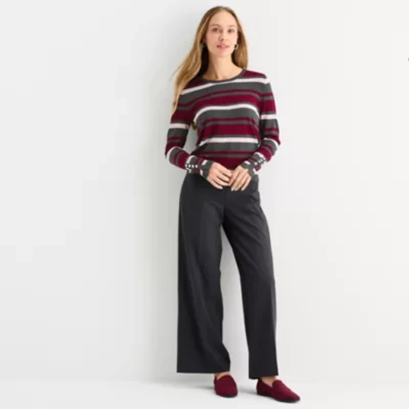 Liz Claiborne Womens Round Neck Long Sleeve Striped Pullover Sweater