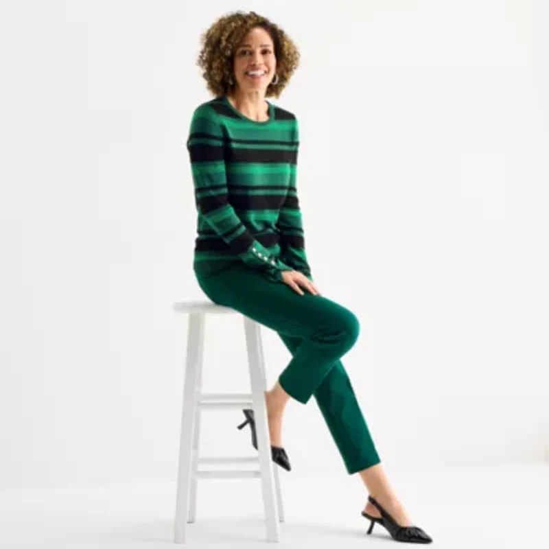 Liz Claiborne Womens Round Neck Long Sleeve Striped Pullover Sweater