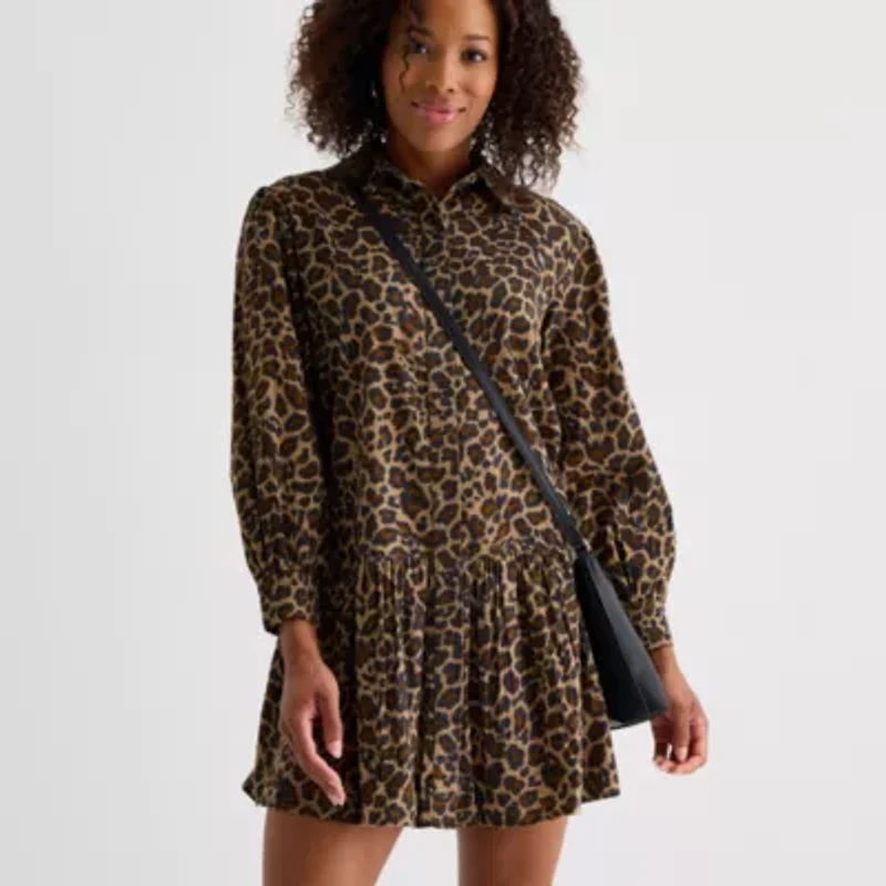 St. John's Bay Womens Petite Long Sleeve Animal Shirt Dress