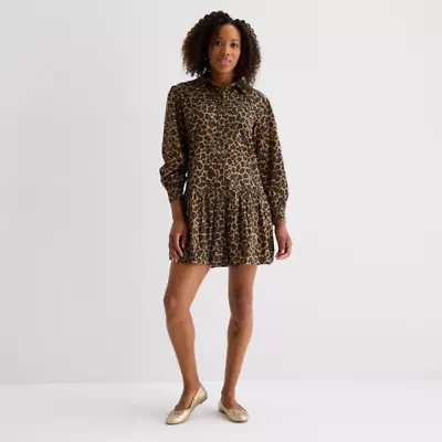 St. John's Bay Womens Petite Long Sleeve Animal Shirt Dress