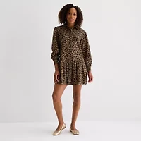 St. John's Bay Womens Petite Long Sleeve Animal Shirt Dress