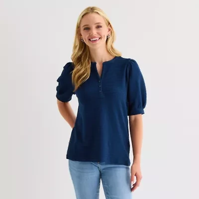 St. John's Bay Womens Henley Neck Elbow Sleeve Blouse