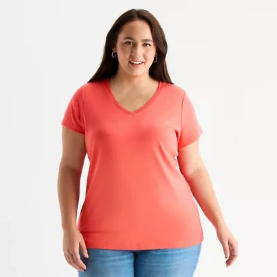 St. John's Bay Womens Plus V Neck Short Sleeve T-Shirt