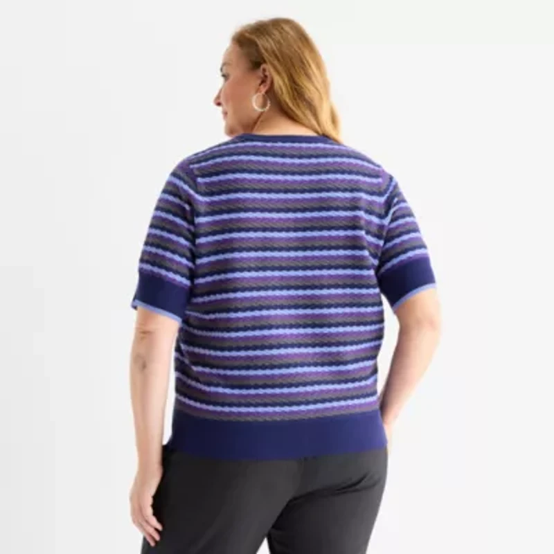 Liz Claiborne Plus Womens Crew Neck Short Sleeve Striped Pullover Sweater