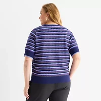 Liz Claiborne Plus Womens Crew Neck Short Sleeve Striped Pullover Sweater
