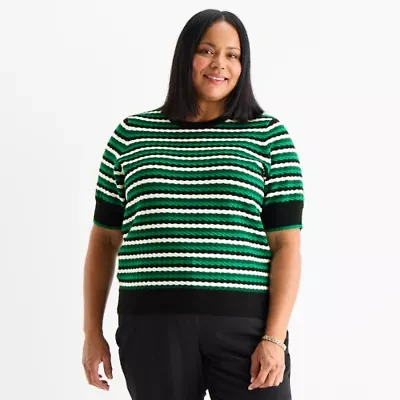 Liz Claiborne Plus Womens Crew Neck Short Sleeve Striped Pullover Sweater