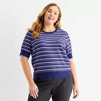 Liz Claiborne Plus Womens Crew Neck Short Sleeve Striped Pullover Sweater