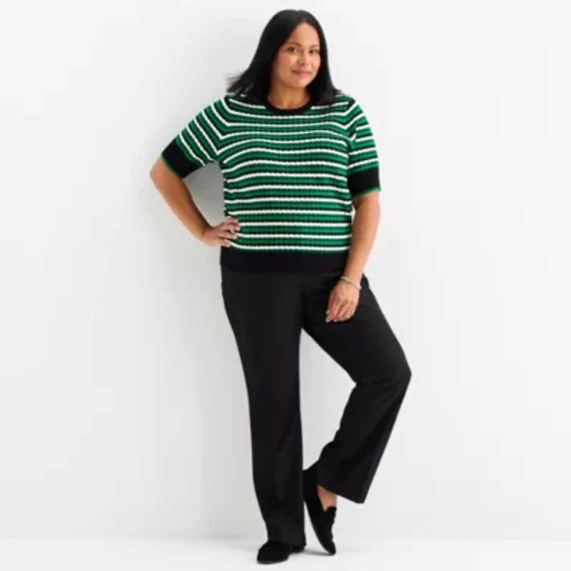 Liz Claiborne Plus Womens Crew Neck Short Sleeve Striped Pullover Sweater