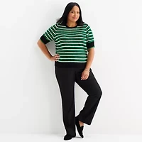 Liz Claiborne Plus Womens Crew Neck Short Sleeve Striped Pullover Sweater