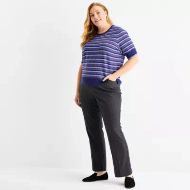 Liz Claiborne Plus Womens Crew Neck Short Sleeve Striped Pullover Sweater