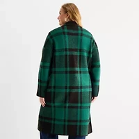 Liz Claiborne Coatigan Womens Long Sleeve Button Plus Plaid Cardigan