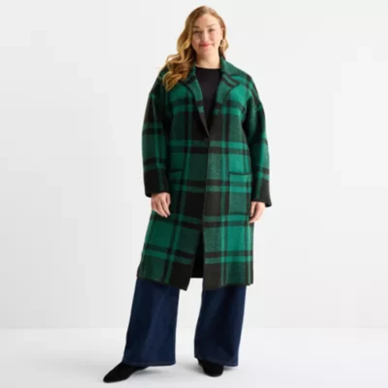 Liz Claiborne Coatigan Womens Long Sleeve Button Plus Plaid Cardigan