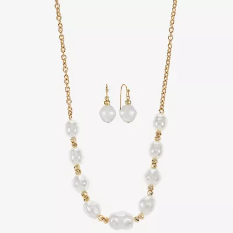 Liz Claiborne Gold Tone Frontal Necklace & Drop Earring Womens Simulated Pearl 2-pc. Jewelry Set