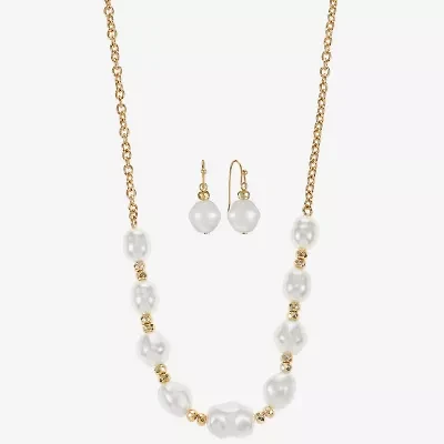 Liz Claiborne Gold Tone Frontal Necklace & Drop Earring Womens Simulated Pearl 2-pc. Jewelry Set