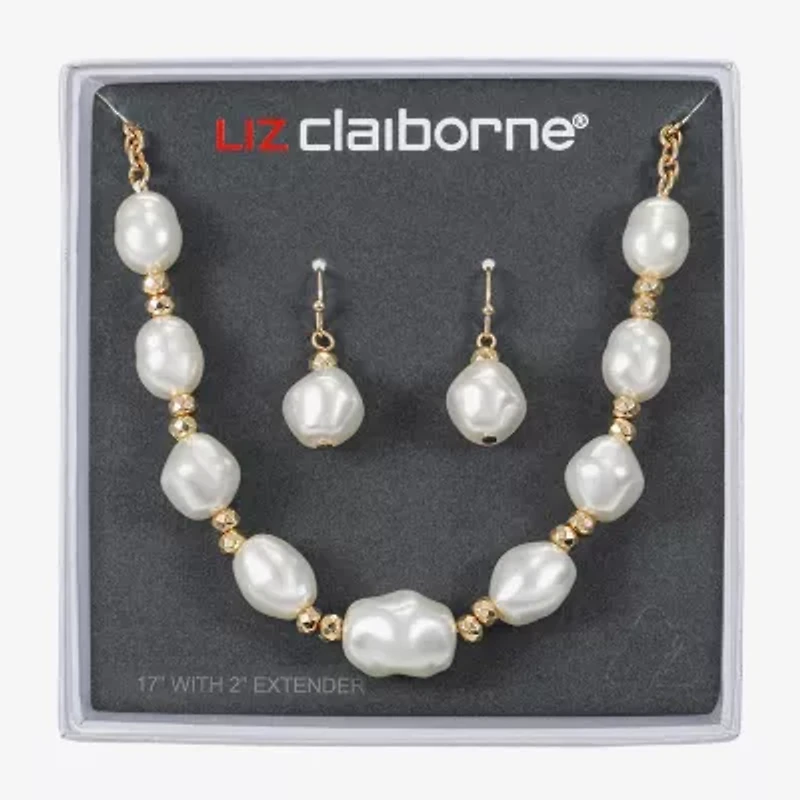 Liz Claiborne Gold Tone Frontal Necklace & Drop Earring Womens Simulated Pearl 2-pc. Jewelry Set
