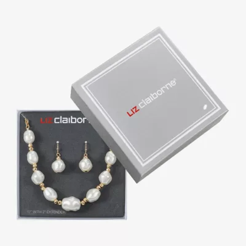 Liz Claiborne Gold Tone Frontal Necklace & Drop Earring Womens Simulated Pearl 2-pc. Jewelry Set