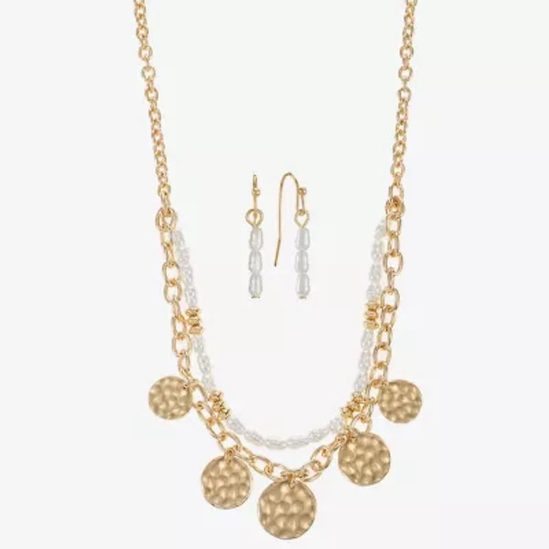Liz Claiborne Gold Tone Charm Multi Strand Necklace & Linear Earring Womens Simulated Pearl 2-pc. Jewelry Set